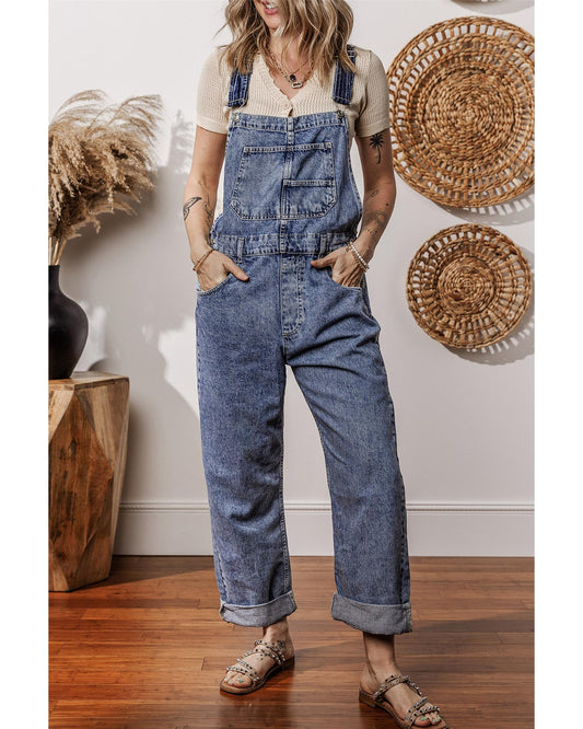 Sail Blue Denim Bib Straight Leg Jumpsuit with Pockets