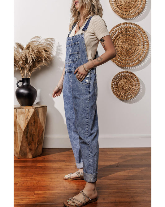 Sail Blue Denim Bib Straight Leg Jumpsuit with Pockets