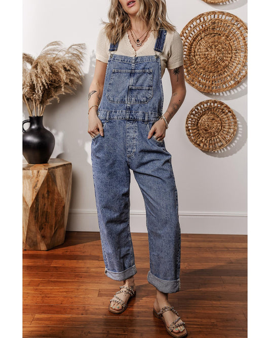 Sail Blue Denim Bib Straight Leg Jumpsuit with Pockets