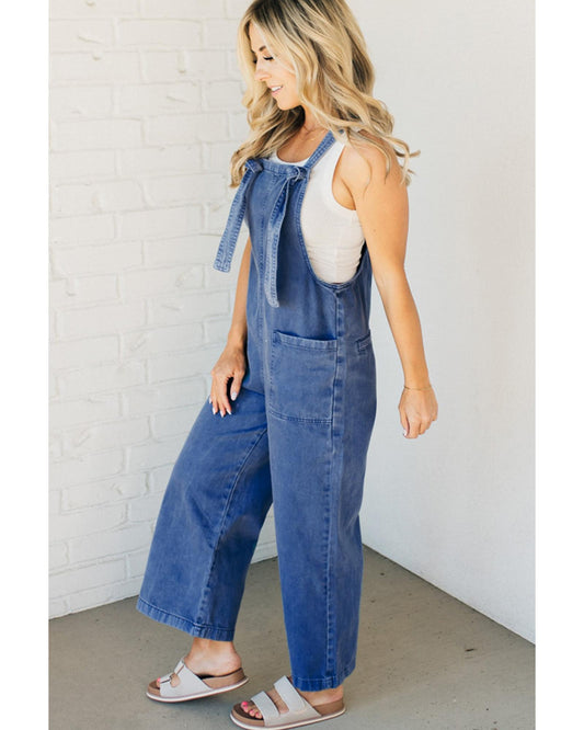 Prussian Blue Mineral Wash Wide Leg Denim Overalls