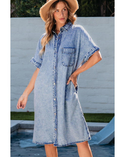 Light Blue Loose Medium Wash Shirt Chambray Dress