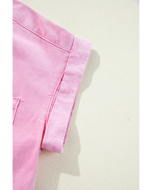 Pink Short Sleeve Double Chest Pocket Denim Shirt Dress