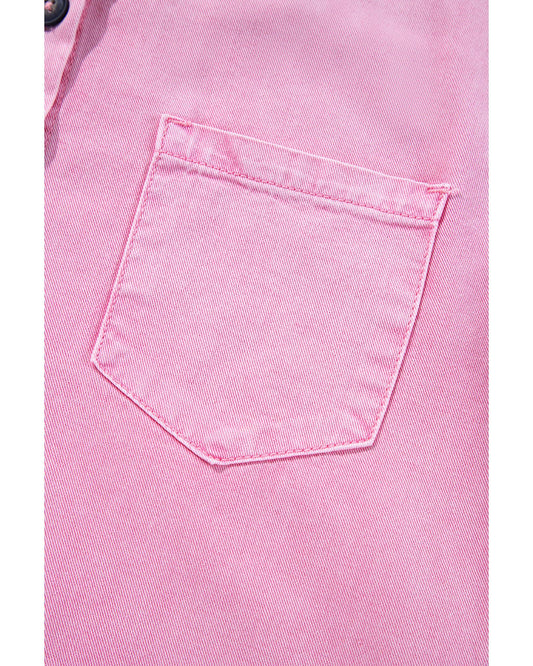 Pink Short Sleeve Double Chest Pocket Denim Shirt Dress