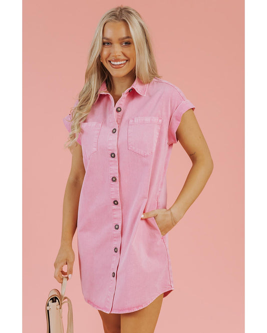 Pink Short Sleeve Double Chest Pocket Denim Shirt Dress