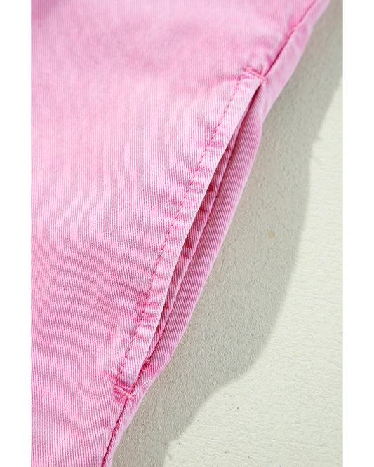 Pink Short Sleeve Double Chest Pocket Denim Shirt Dress