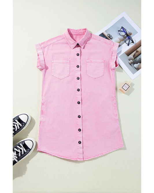 Pink Short Sleeve Double Chest Pocket Denim Shirt Dress
