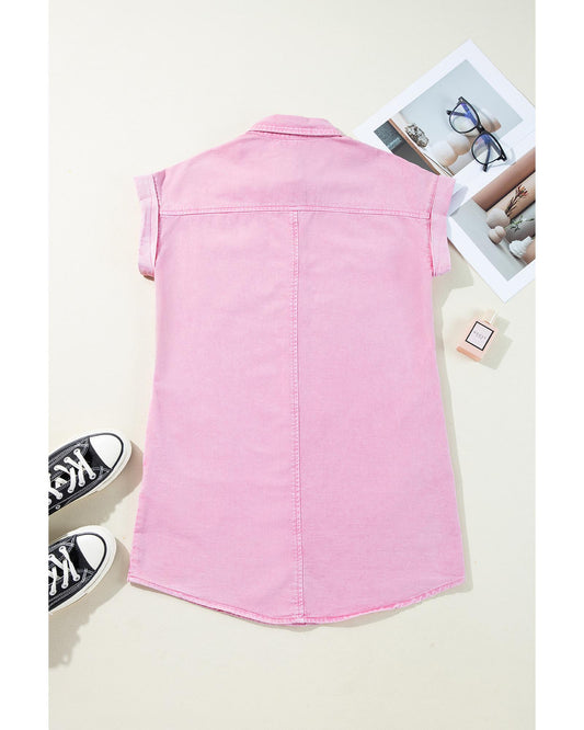 Pink Short Sleeve Double Chest Pocket Denim Shirt Dress
