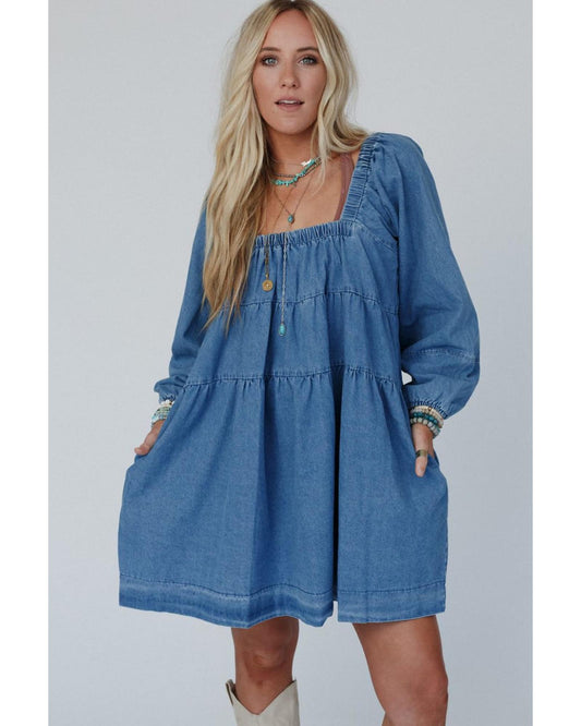 Dusk Blue Square Neck Side Pockets Loose Fit Denim Mini Dress - L