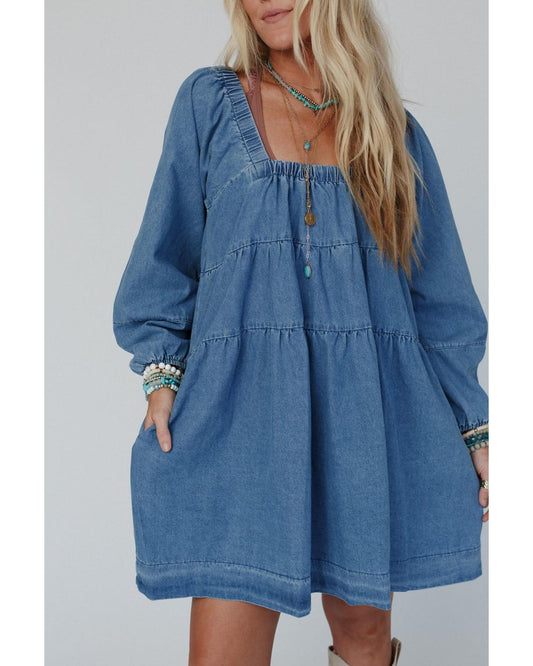 Dusk Blue Square Neck Side Pockets Loose Fit Denim Mini Dress - L