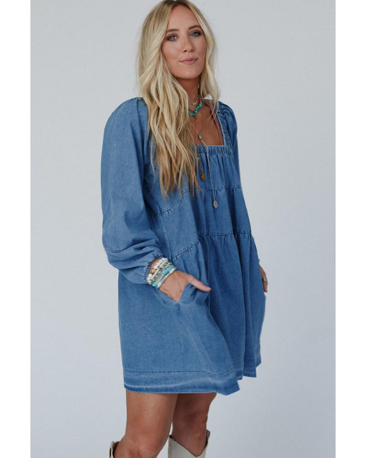 Dusk Blue Square Neck Side Pockets Loose Fit Denim Mini Dress - L
