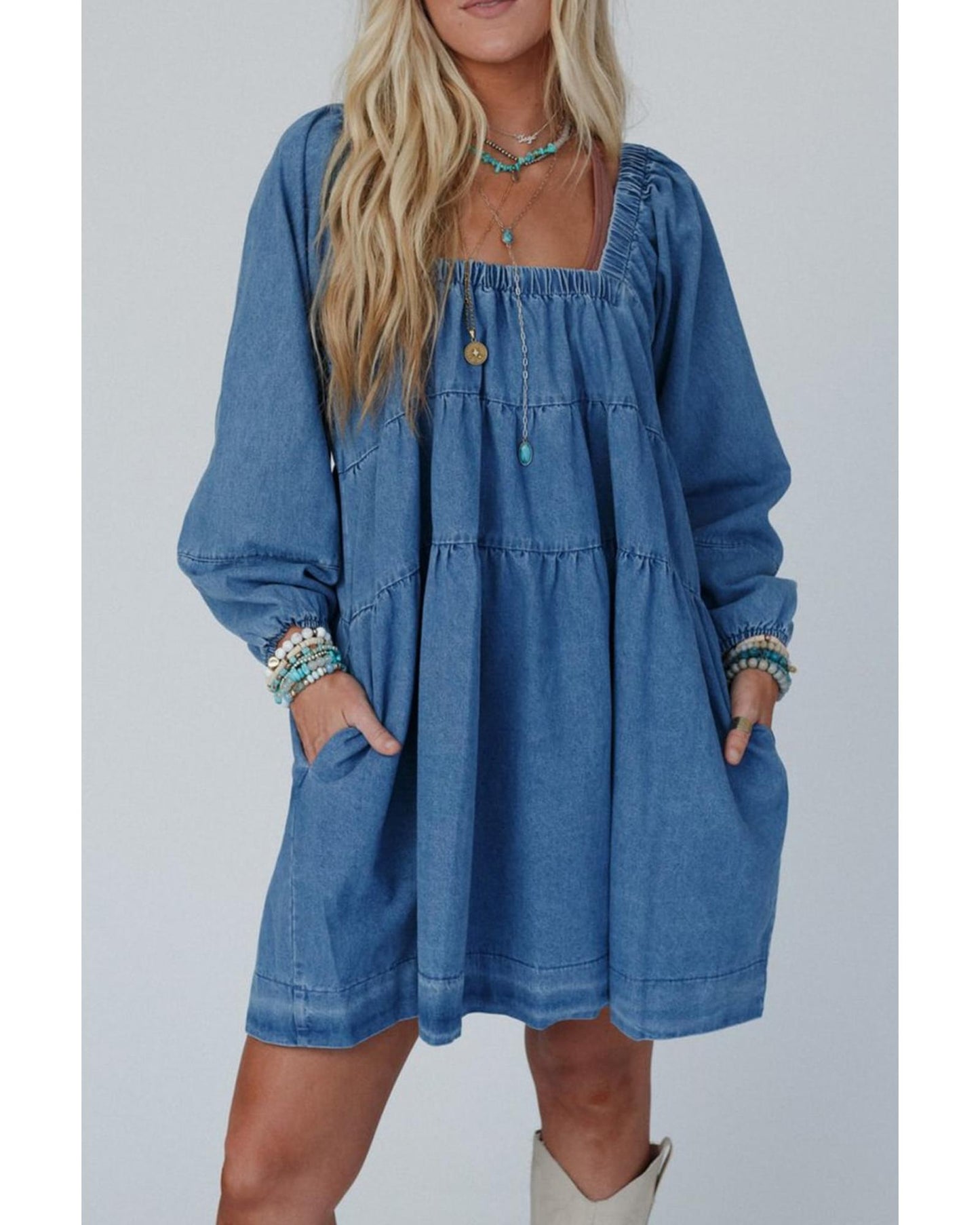 Dusk Blue Square Neck Side Pockets Loose Fit Denim Mini Dress