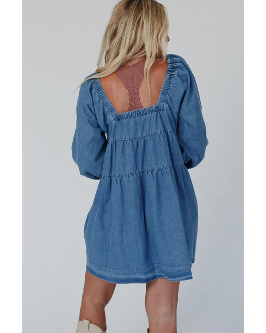 Dusk Blue Square Neck Side Pockets Loose Fit Denim Mini Dress - M