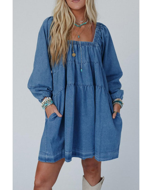 Dusk Blue Square Neck Side Pockets Loose Fit Denim Mini Dress - XL