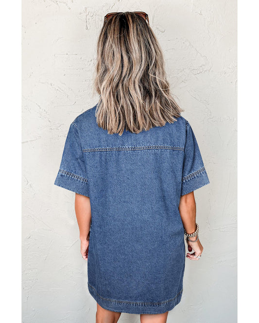 Blue Short Sleeve Collared Patched Pocket Denim Mini Dress - M