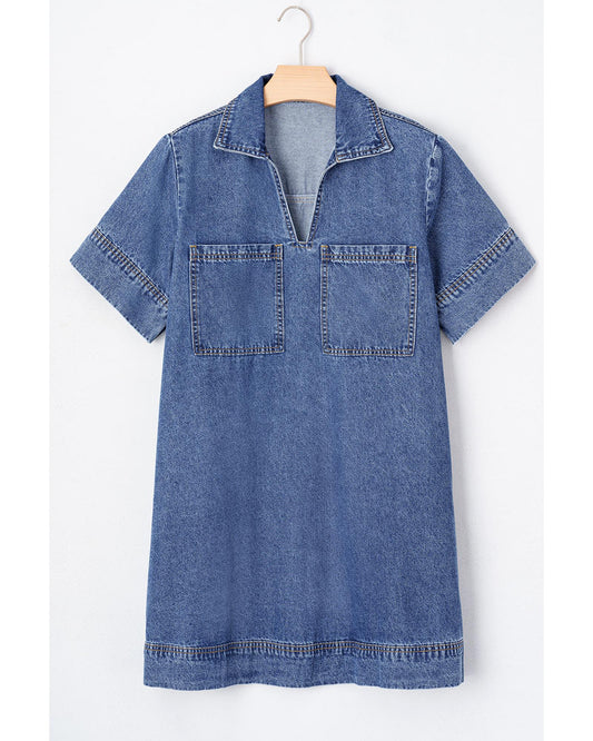 Blue Short Sleeve Collared Patched Pocket Denim Mini Dress - M
