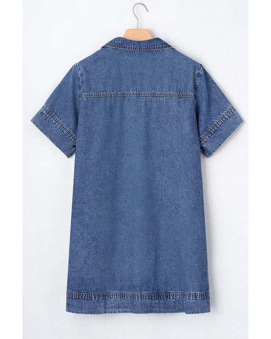 Blue Short Sleeve Collared Patched Pocket Denim Mini Dress - M