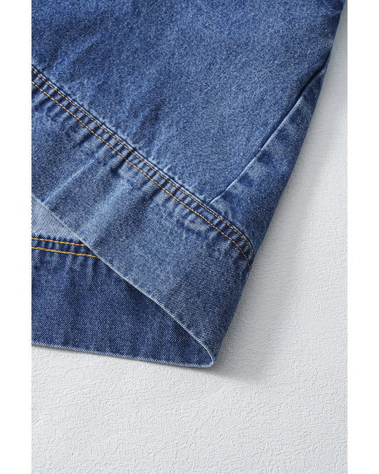 Blue Short Sleeve Collared Patched Pocket Denim Mini Dress - M