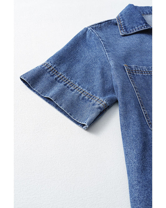 Blue Short Sleeve Collared Patched Pocket Denim Mini Dress - M
