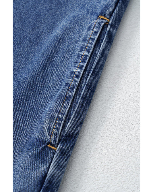 Blue Short Sleeve Collared Patched Pocket Denim Mini Dress - M