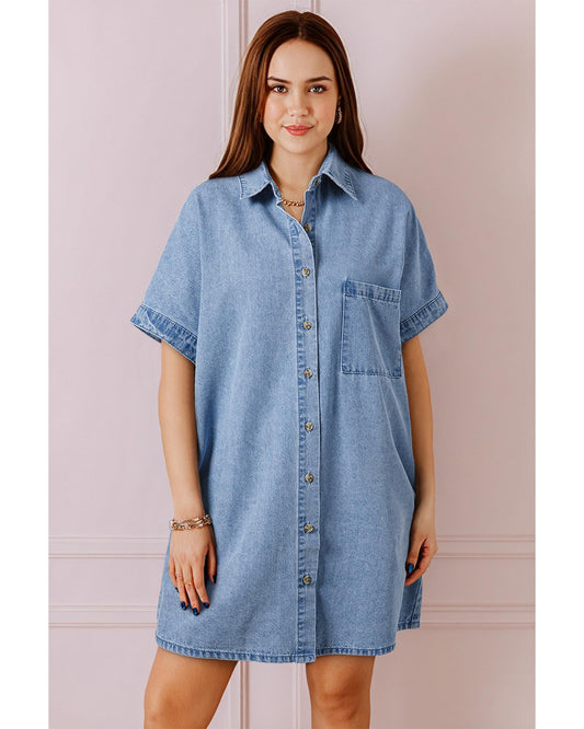 Dusk Blue Short Sleeve Pocketed Button up Denim Tunic Dress - L