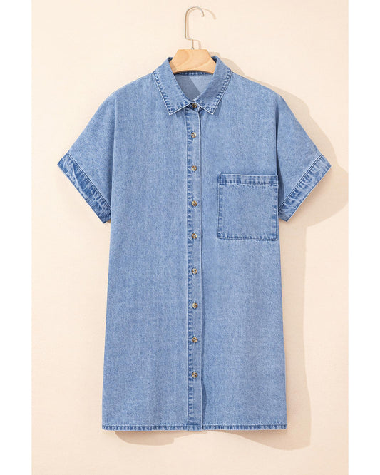 Dusk Blue Short Sleeve Pocketed Button up Denim Tunic Dress - L