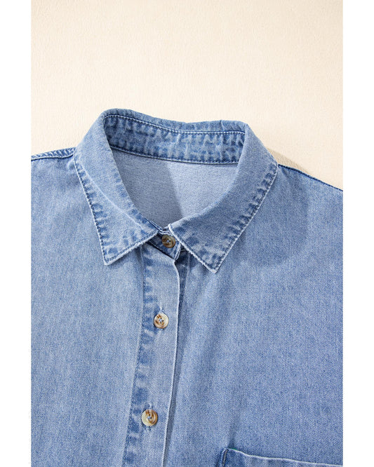 Dusk Blue Short Sleeve Pocketed Button up Denim Tunic Dress - L