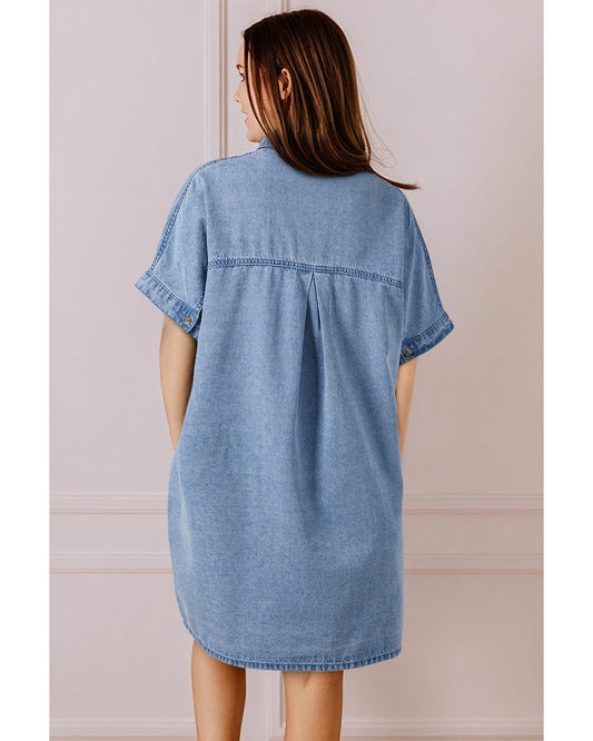Dusk Blue Short Sleeve Pocketed Button up Denim Tunic Dress - M