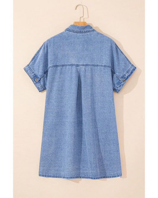 Dusk Blue Short Sleeve Pocketed Button up Denim Tunic Dress - XL