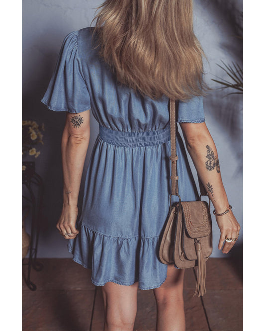 Ashleigh Ruffled V-Neck Smocked High-Waist Denim Mini Dress