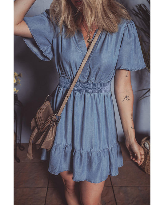 Ashleigh Ruffled V-Neck Smocked High-Waist Denim Mini Dress