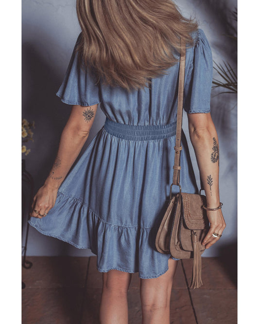 Ashleigh Ruffled V-Neck Smocked High-Waist Denim Mini Dress