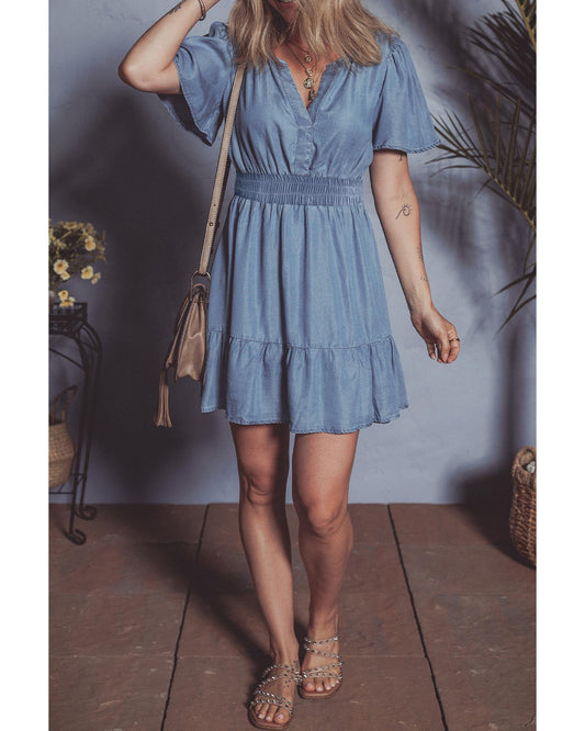 Ashleigh Ruffled V-Neck Smocked High-Waist Denim Mini Dress