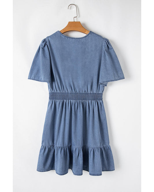 Ashleigh Ruffled V-Neck Smocked High-Waist Denim Mini Dress