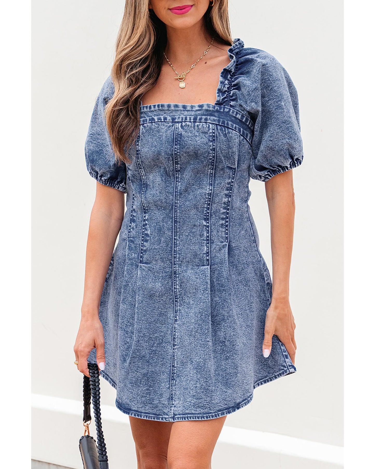 Blue Frilly Square Neck Bustier Puff Sleeve Short Denim Dress - L