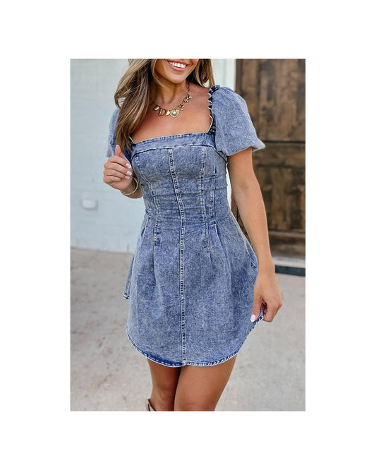 Blue Frilly Square Neck Bustier Puff Sleeve Short Denim Dress - M