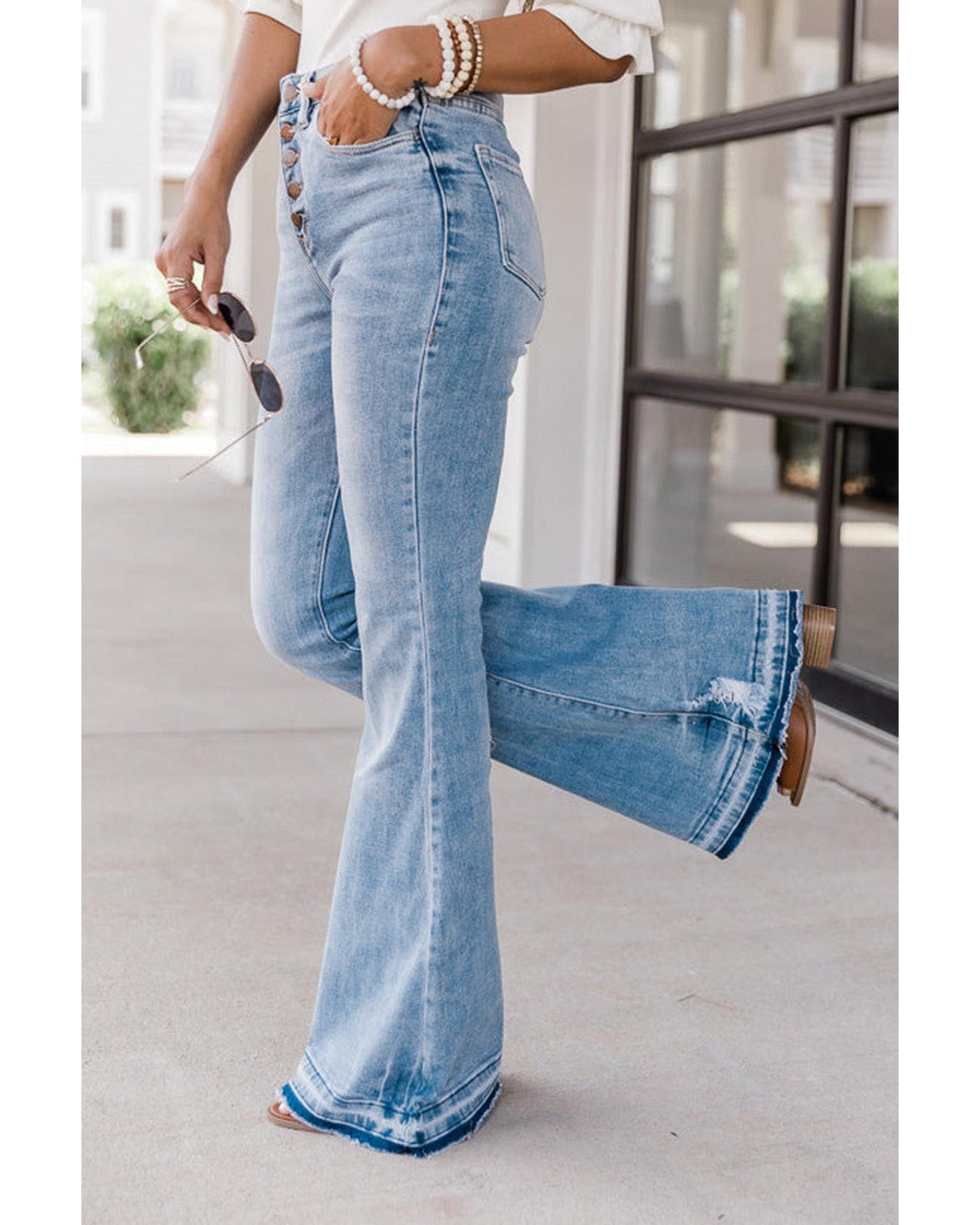 Azura Exchange Buttoned Distressed Flared Jeans