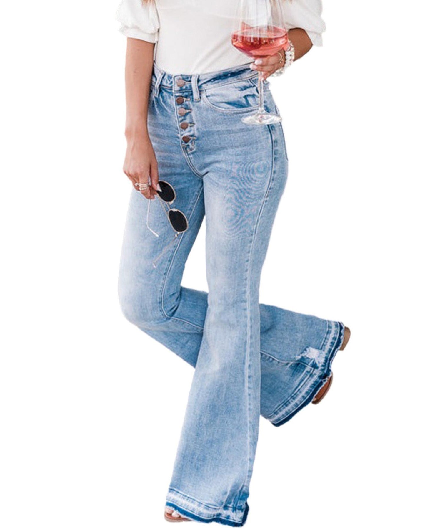 Azura Exchange Buttoned Distressed Flared Jeans