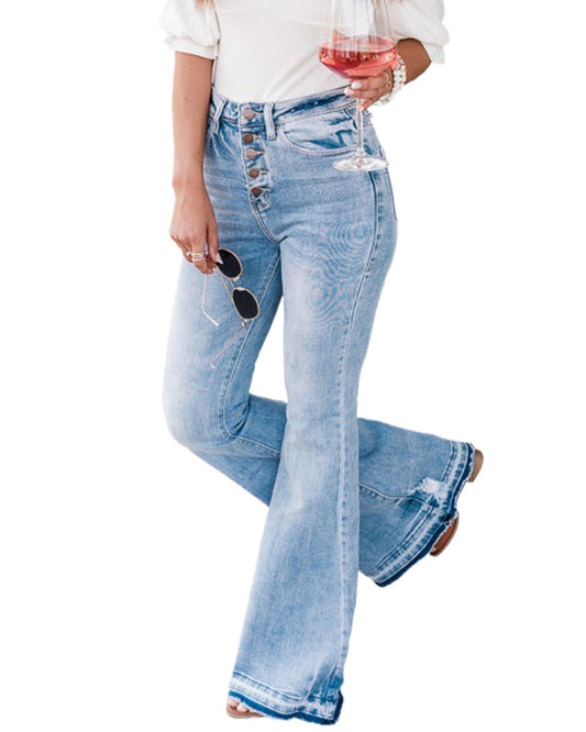 Azura Exchange Buttoned Distressed Flared Jeans