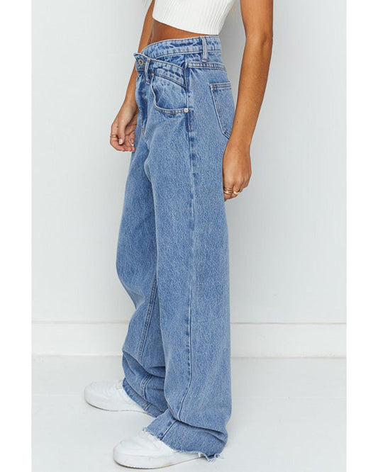Blue Mid Rise Asymmetrical Waist Wide Leg Jeans