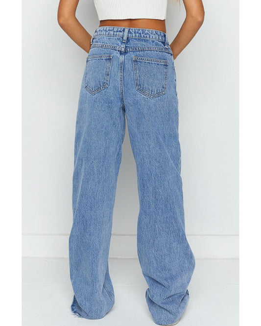 Blue Mid Rise Asymmetrical Waist Wide Leg Jeans