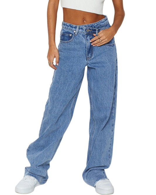 Blue Mid Rise Asymmetrical Waist Wide Leg Jeans