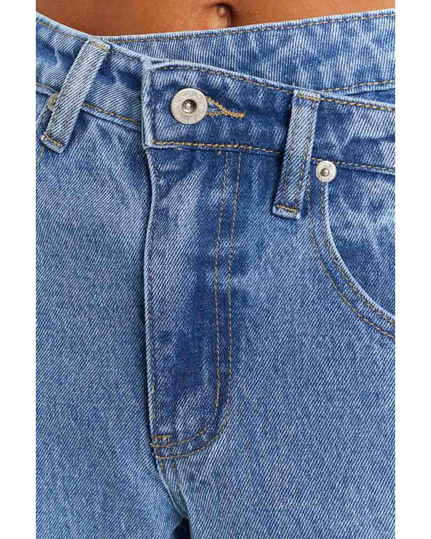 Blue Mid Rise Asymmetrical Waist Wide Leg Jeans