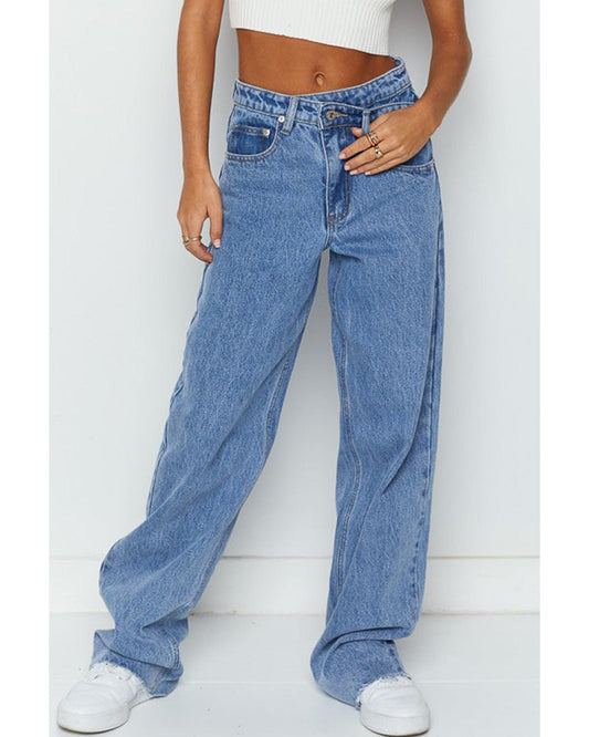 Blue Mid Rise Asymmetrical Waist Wide Leg Jeans