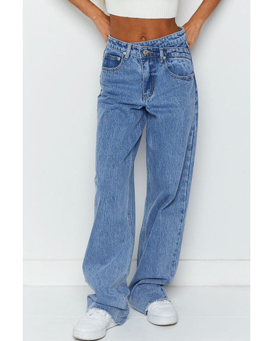 Blue Mid Rise Asymmetrical Waist Wide Leg Jeans