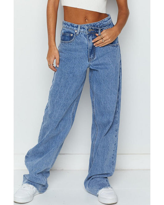 Blue Mid Rise Asymmetrical Waist Wide Leg Jeans