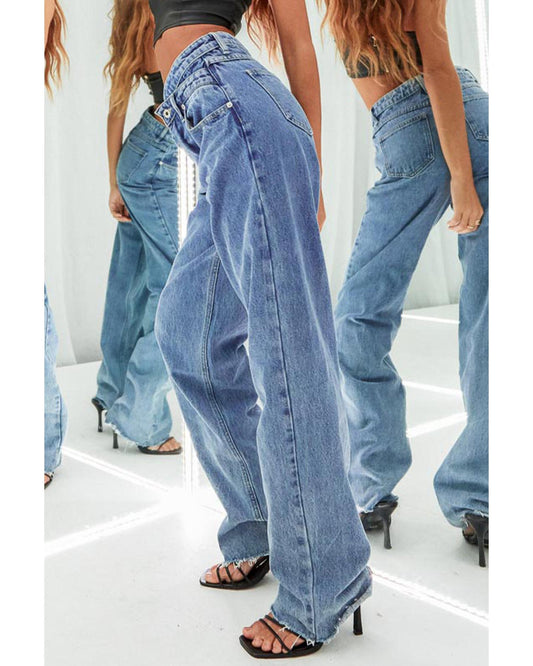Blue Mid Rise Asymmetrical Waist Wide Leg Jeans
