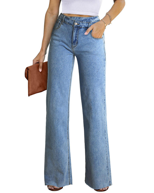 Blue Mid Rise Asymmetrical Waist Wide Leg Jeans