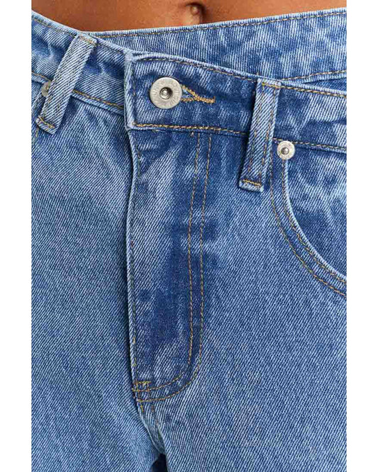 Blue Mid Rise Asymmetrical Waist Wide Leg Jeans