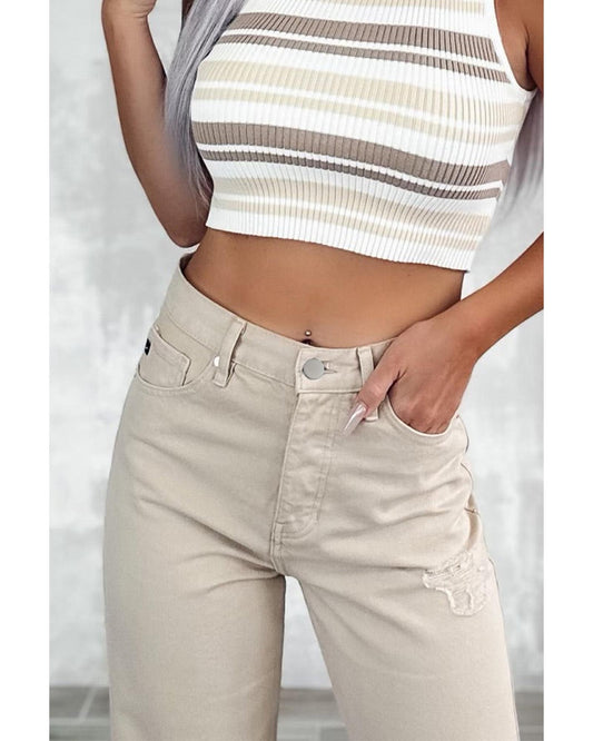Khaki High Waist Ripped Wide-Leg Jeans