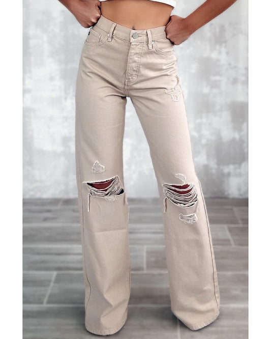 Khaki High Waist Ripped Wide-Leg Jeans